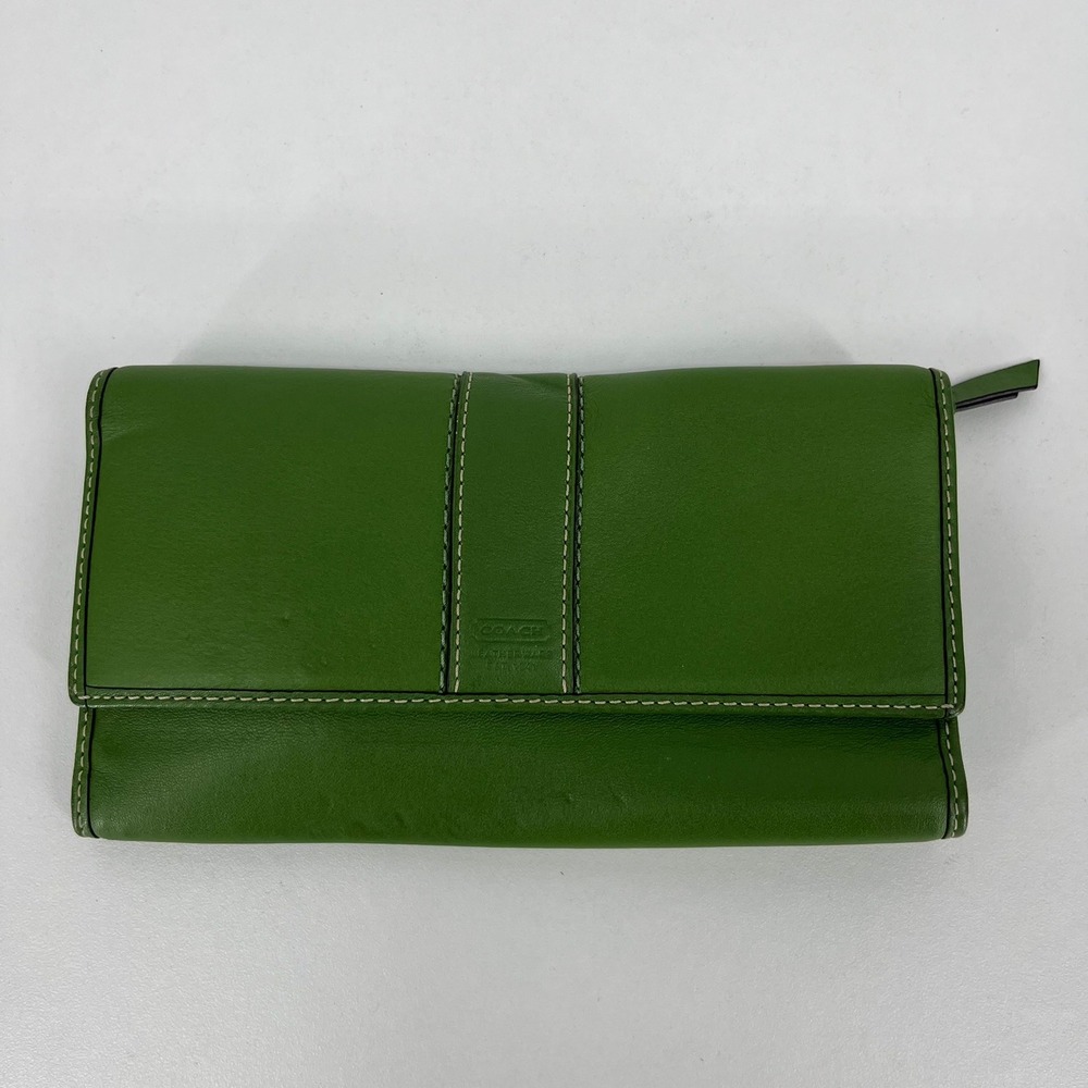 Coach Green Leather Trifold Wallet Blue Interior Contrast Stitching Vtg Y2K